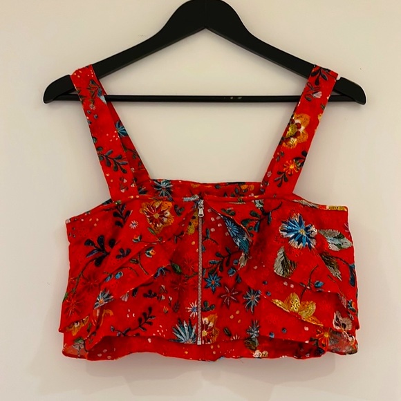 ZARA Red Floral Broderie Anglaise Cotton Layered Crop Top - Picture 2 of 11